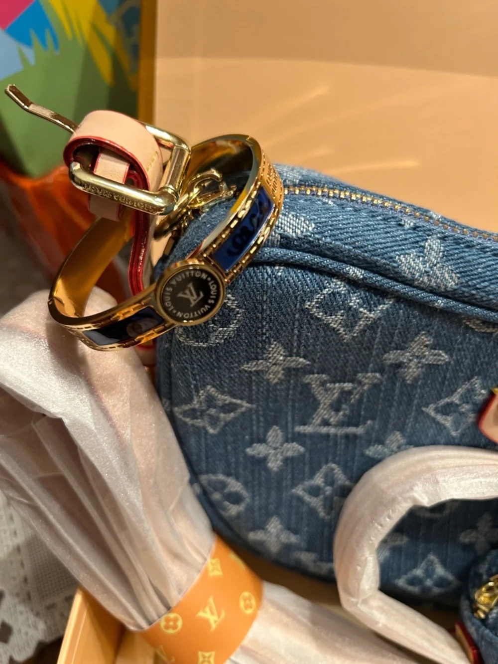 Designer Blue Denim Monogram Crossbody with Matching Pouch, Bandanna & Bracelet - Picture 3 of 7